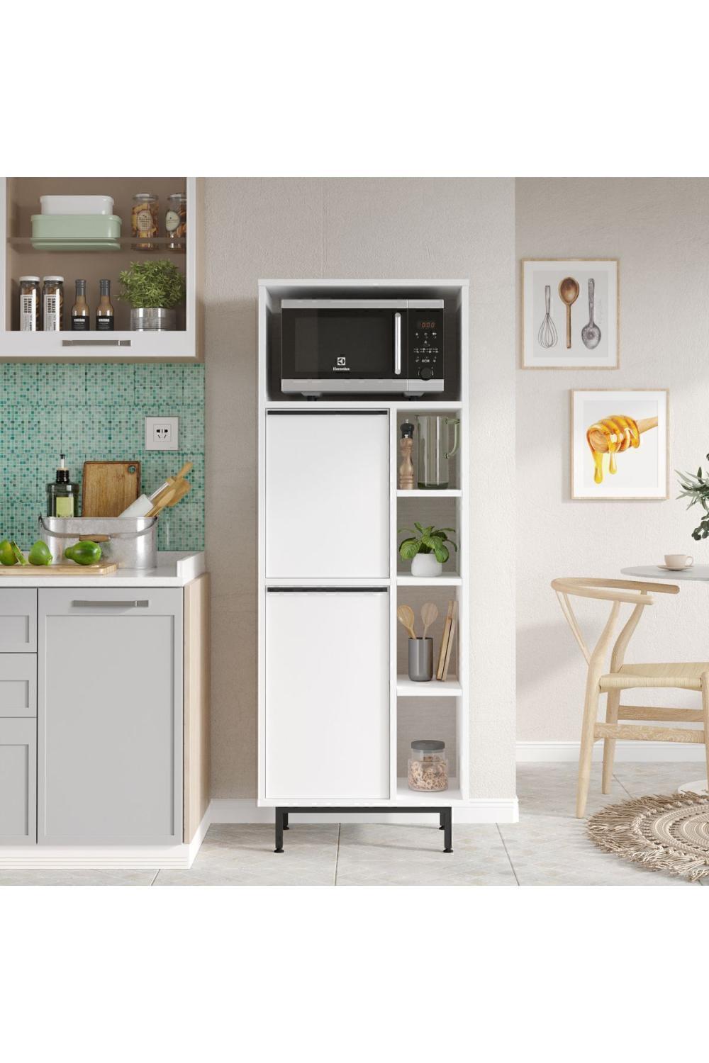 Armoire de Cuisine Bohem avec Espace Micro-ondes, 2 Portes et Étagères, Pieds Métalliques – Blanc BOH10A-W