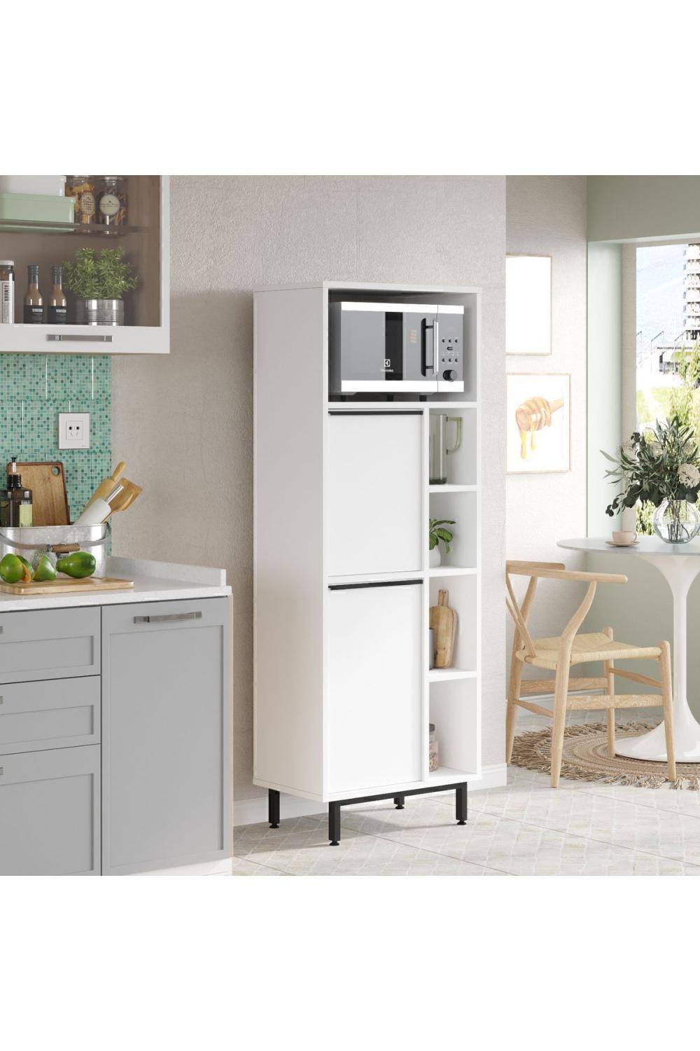 Armoire de Cuisine Bohem avec Espace Micro-ondes, 2 Portes et Étagères, Pieds Métalliques – Blanc BOH10A-W
