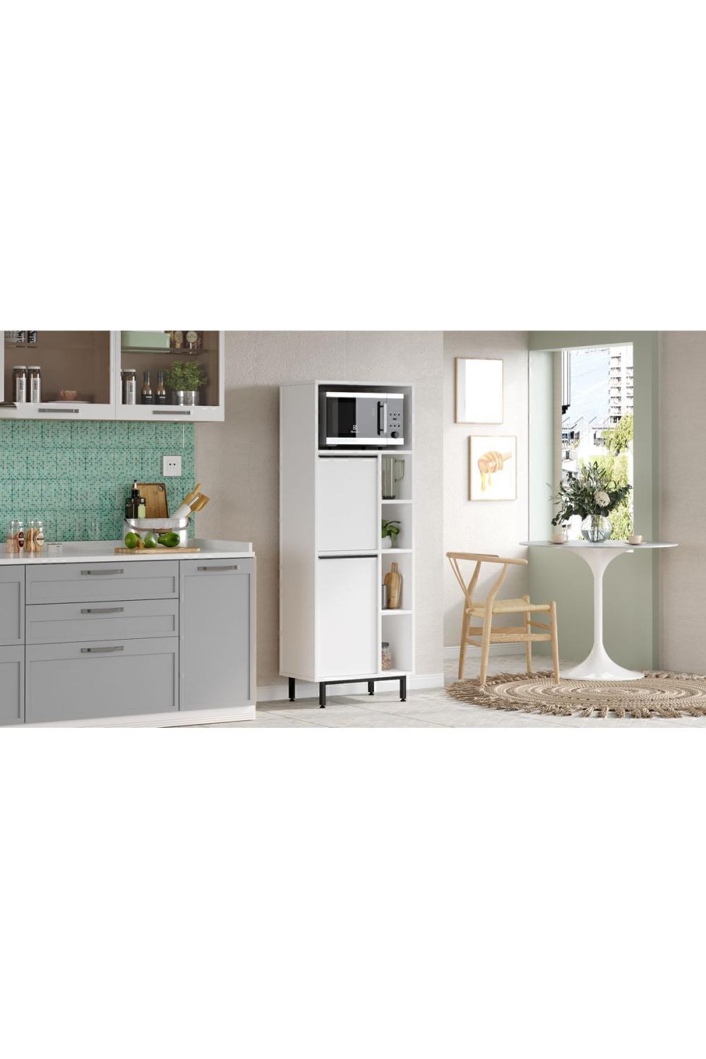 Armoire de Cuisine Bohem avec Espace Micro-ondes, 2 Portes et Étagères, Pieds Métalliques – Blanc BOH10A-W