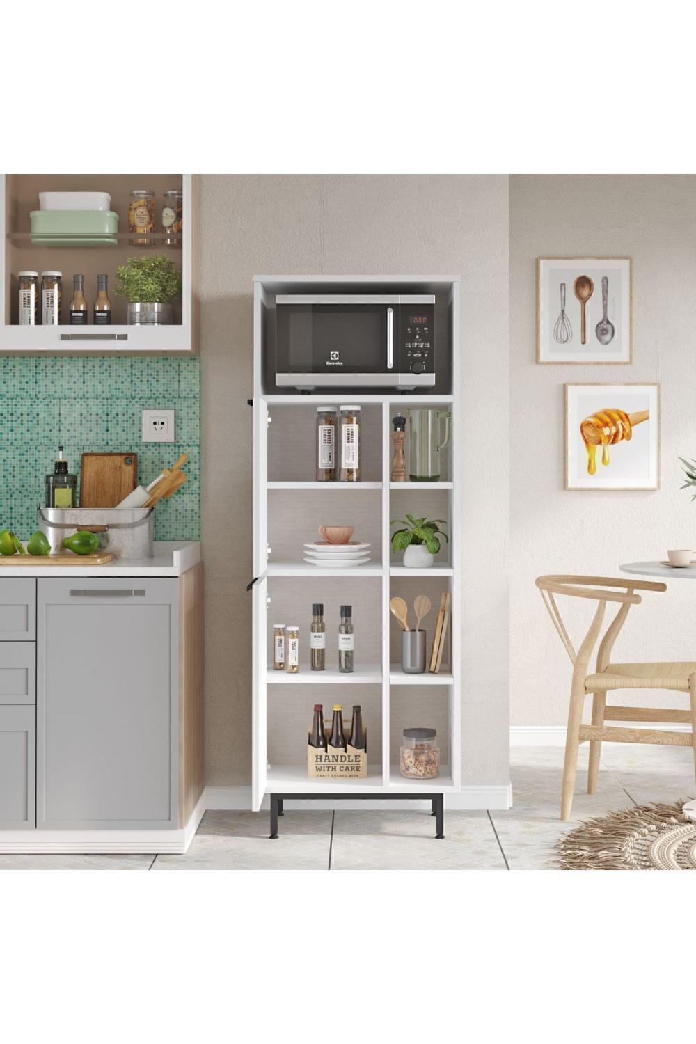 Armoire de Cuisine Bohem avec Espace Micro-ondes, 2 Portes et Étagères, Pieds Métalliques – Blanc BOH10A-W
