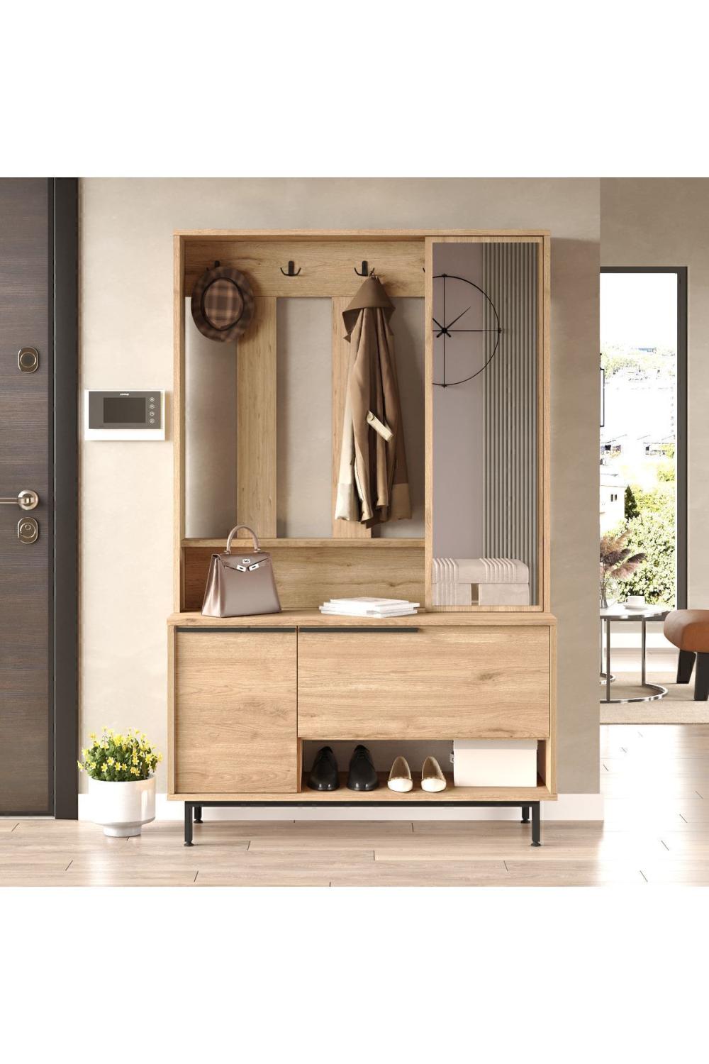 Vestiaire d’Entrée Bohem avec Porte-Manteaux, Meuble à Chaussures et Miroir, Pieds Métalliques – Finition Panier (Aspect Jute) BOH11-S