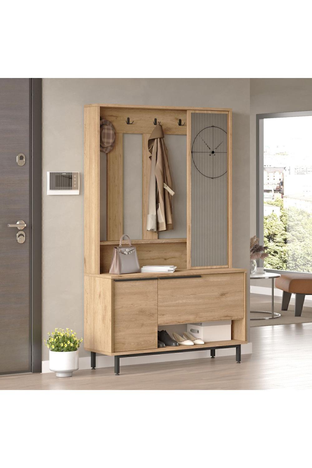Vestiaire d’Entrée Bohem avec Porte-Manteaux, Meuble à Chaussures et Miroir, Pieds Métalliques – Finition Panier (Aspect Jute) BOH11-S