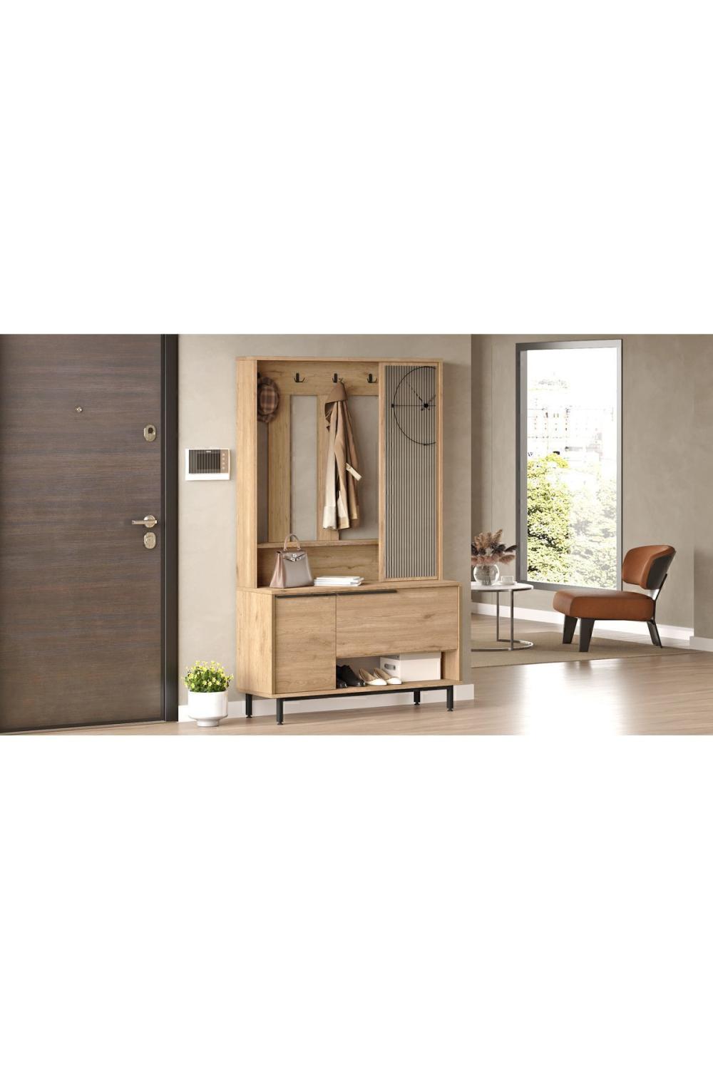 Vestiaire d’Entrée Bohem avec Porte-Manteaux, Meuble à Chaussures et Miroir, Pieds Métalliques – Finition Panier (Aspect Jute) BOH11-S