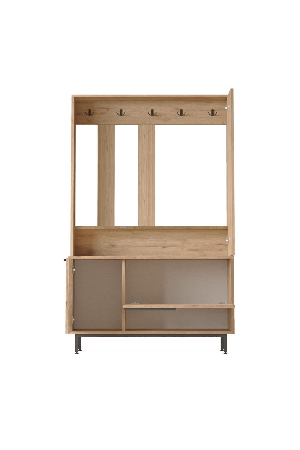 Vestiaire d’Entrée Bohem avec Porte-Manteaux, Meuble à Chaussures et Miroir, Pieds Métalliques – Finition Panier (Aspect Jute) BOH11-S