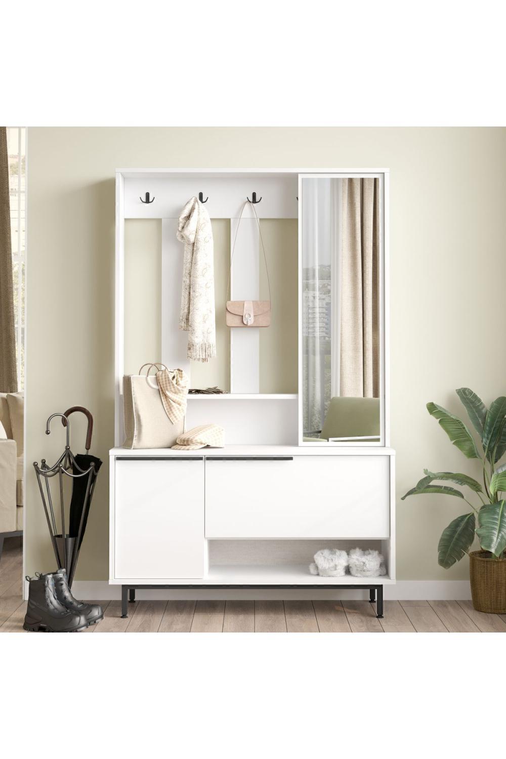 Vestiaire d’Entrée Bohem avec Porte-Manteaux, Meuble à Chaussures et Miroir, Pieds Métalliques – Blanc BOH11-W
