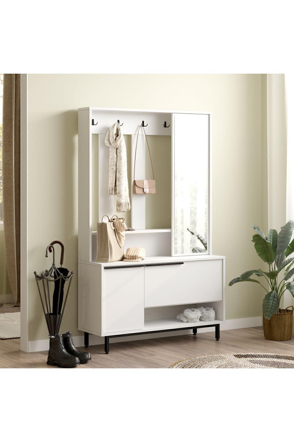 Vestiaire d’Entrée Bohem avec Porte-Manteaux, Meuble à Chaussures et Miroir, Pieds Métalliques – Blanc BOH11-W