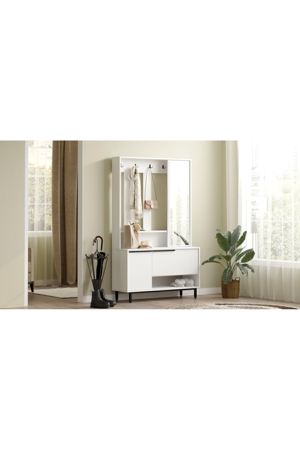 Vestiaire d’Entrée Bohem avec Porte-Manteaux, Meuble à Chaussures et Miroir, Pieds Métalliques – Blanc BOH11-W