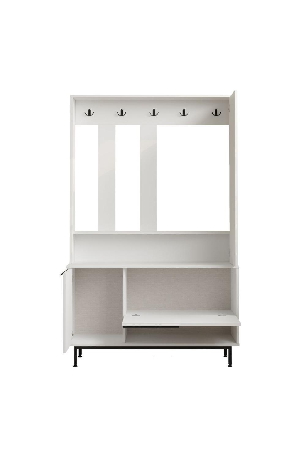 Vestiaire d’Entrée Bohem avec Porte-Manteaux, Meuble à Chaussures et Miroir, Pieds Métalliques – Blanc BOH11-W