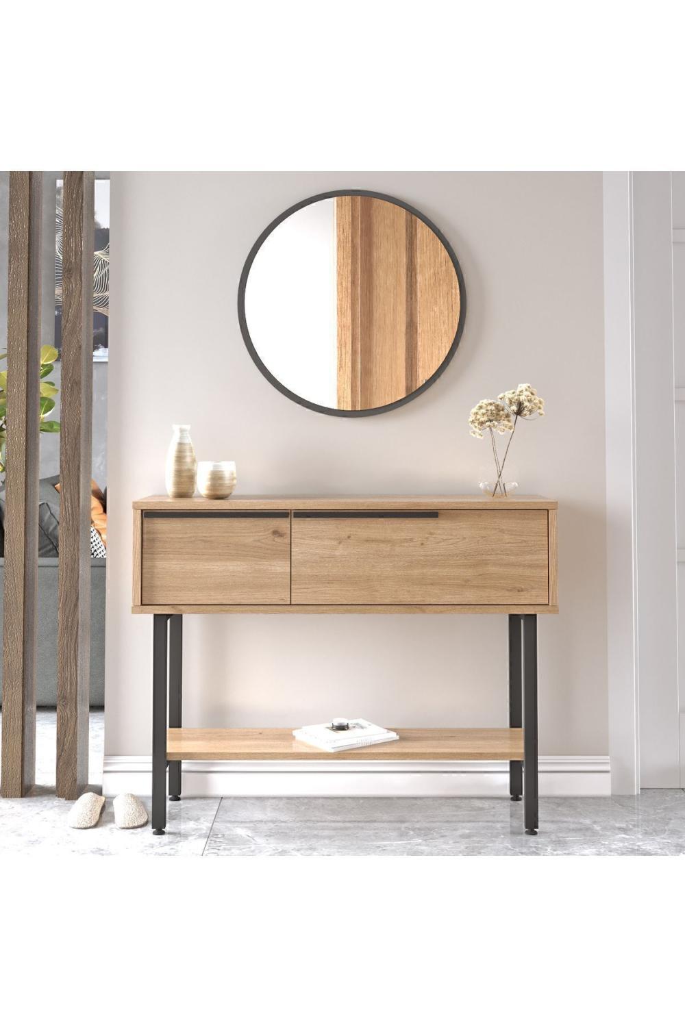Console Bohem 100 cm avec Miroir et Rangement, Pieds Métalliques – Finition Panier (Aspect Jute) BOH12-S
