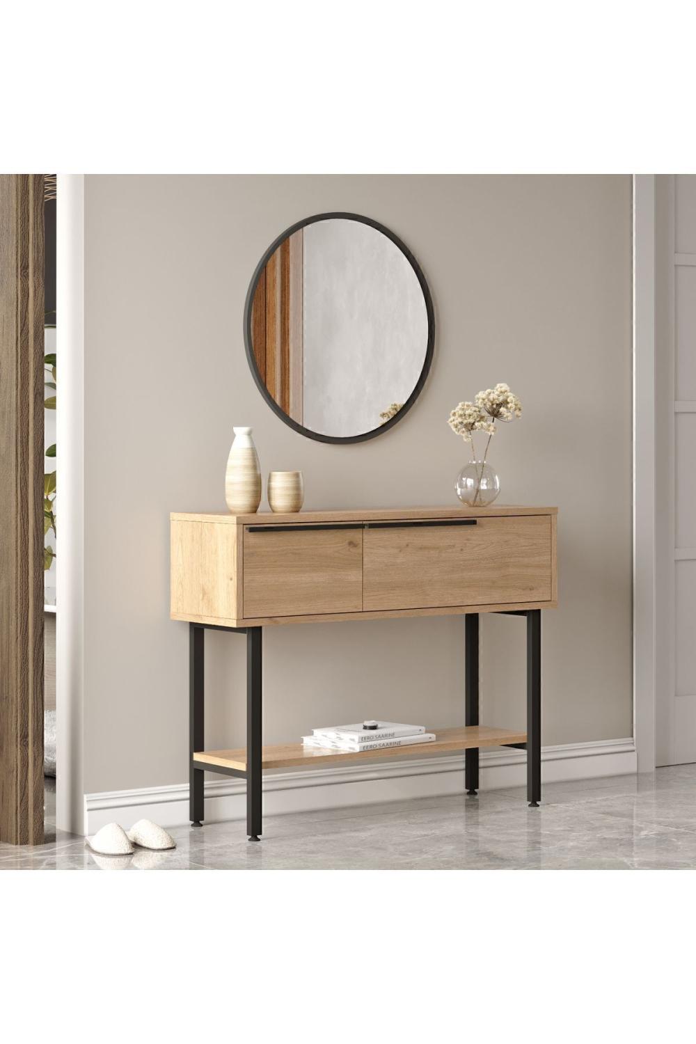 Console Bohem 100 cm avec Miroir et Rangement, Pieds Métalliques – Finition Panier (Aspect Jute) BOH12-S