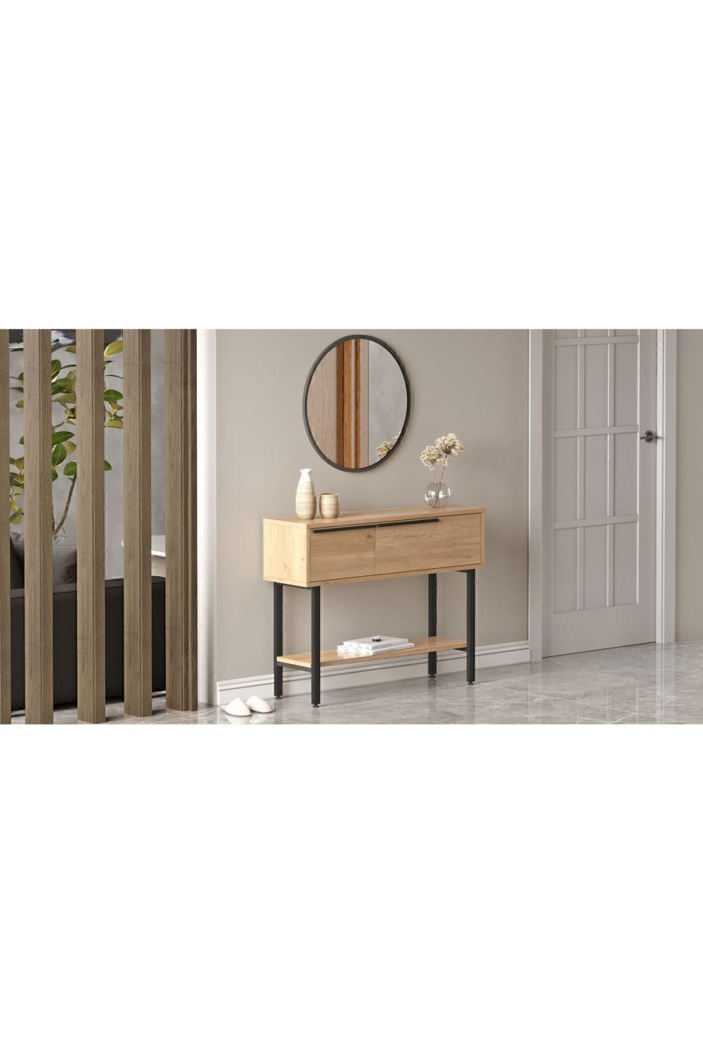 Console Bohem 100 cm avec Miroir et Rangement, Pieds Métalliques – Finition Panier (Aspect Jute) BOH12-S