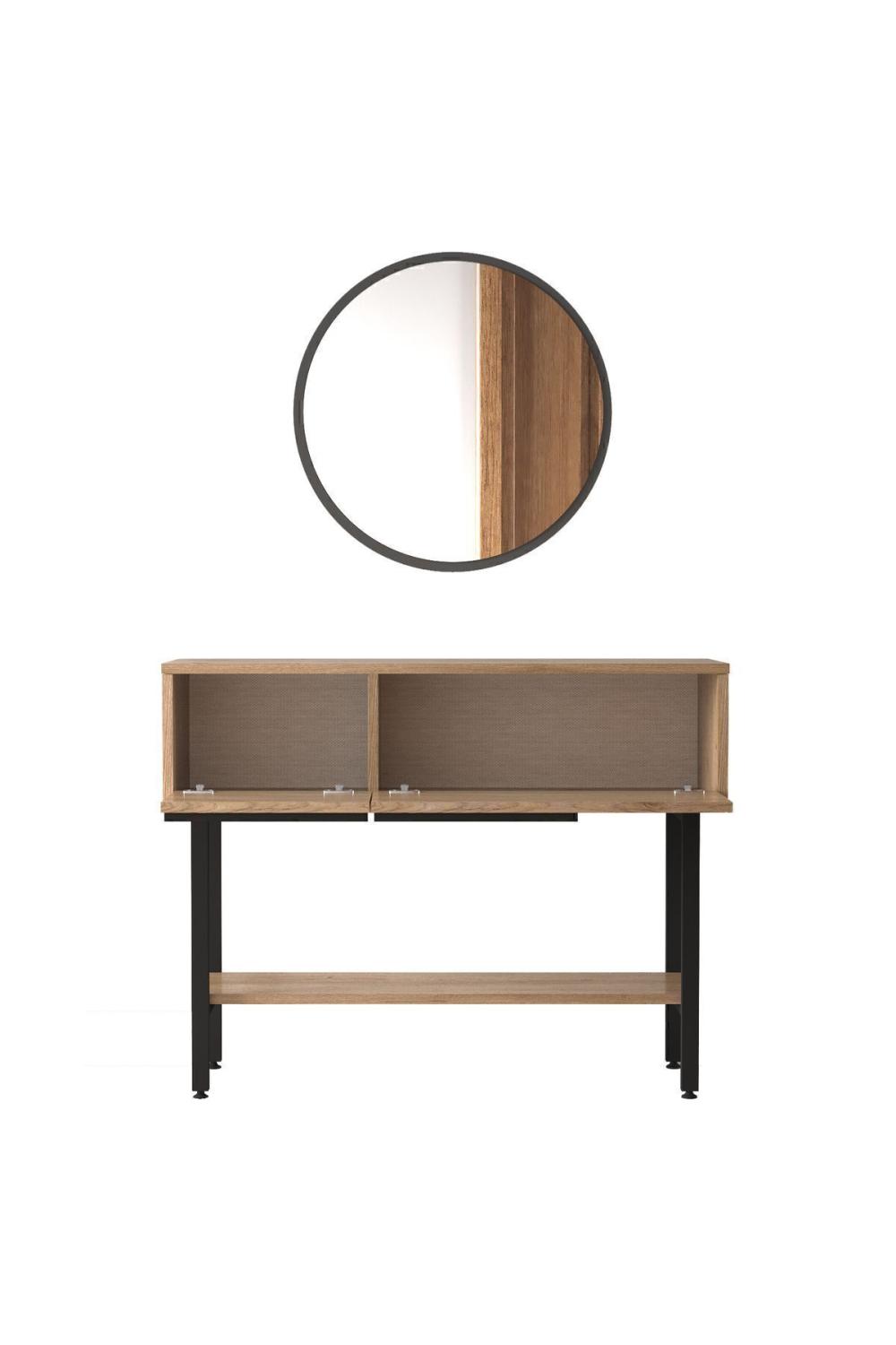 Console Bohem 100 cm avec Miroir et Rangement, Pieds Métalliques – Finition Panier (Aspect Jute) BOH12-S