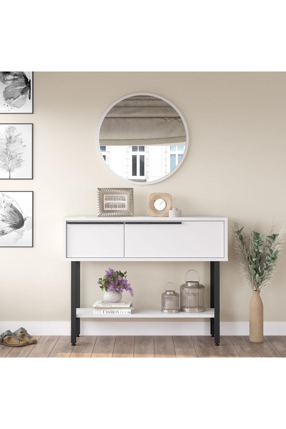 Console Bohem 100 cm avec Miroir et Porte, Pieds Métalliques – Blanc BOH12-W