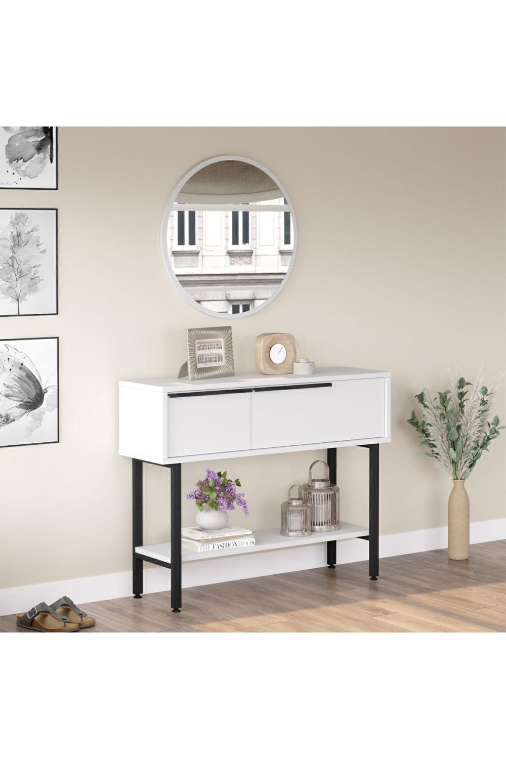 Console Bohem 100 cm avec Miroir et Porte, Pieds Métalliques – Blanc BOH12-W