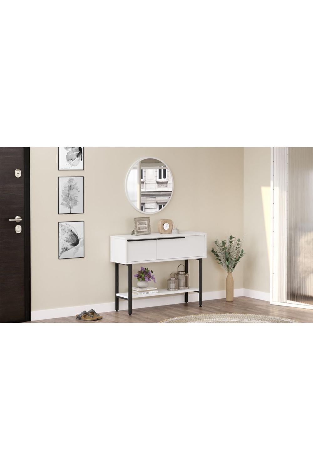 Console Bohem 100 cm avec Miroir et Porte, Pieds Métalliques – Blanc BOH12-W