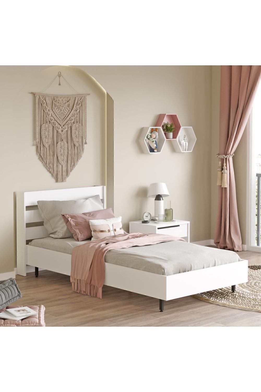 Lit Simple Bohem 100×200 cm avec Pieds Métalliques – Blanc BOH13-W