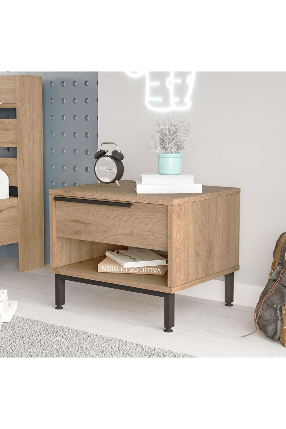 Table de Chevet Bohem avec Tiroir, Pieds Métalliques – Finition Panier (Aspect Jute) BOH14-S