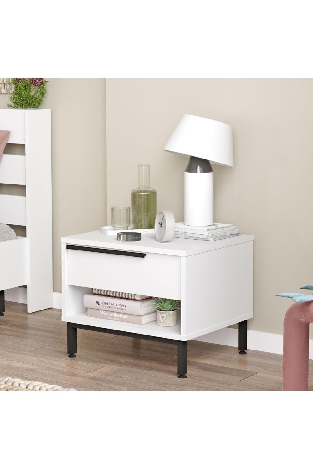 Table de Chevet Bohem avec Tiroir, Pieds Métalliques – Blanc BOH14-W