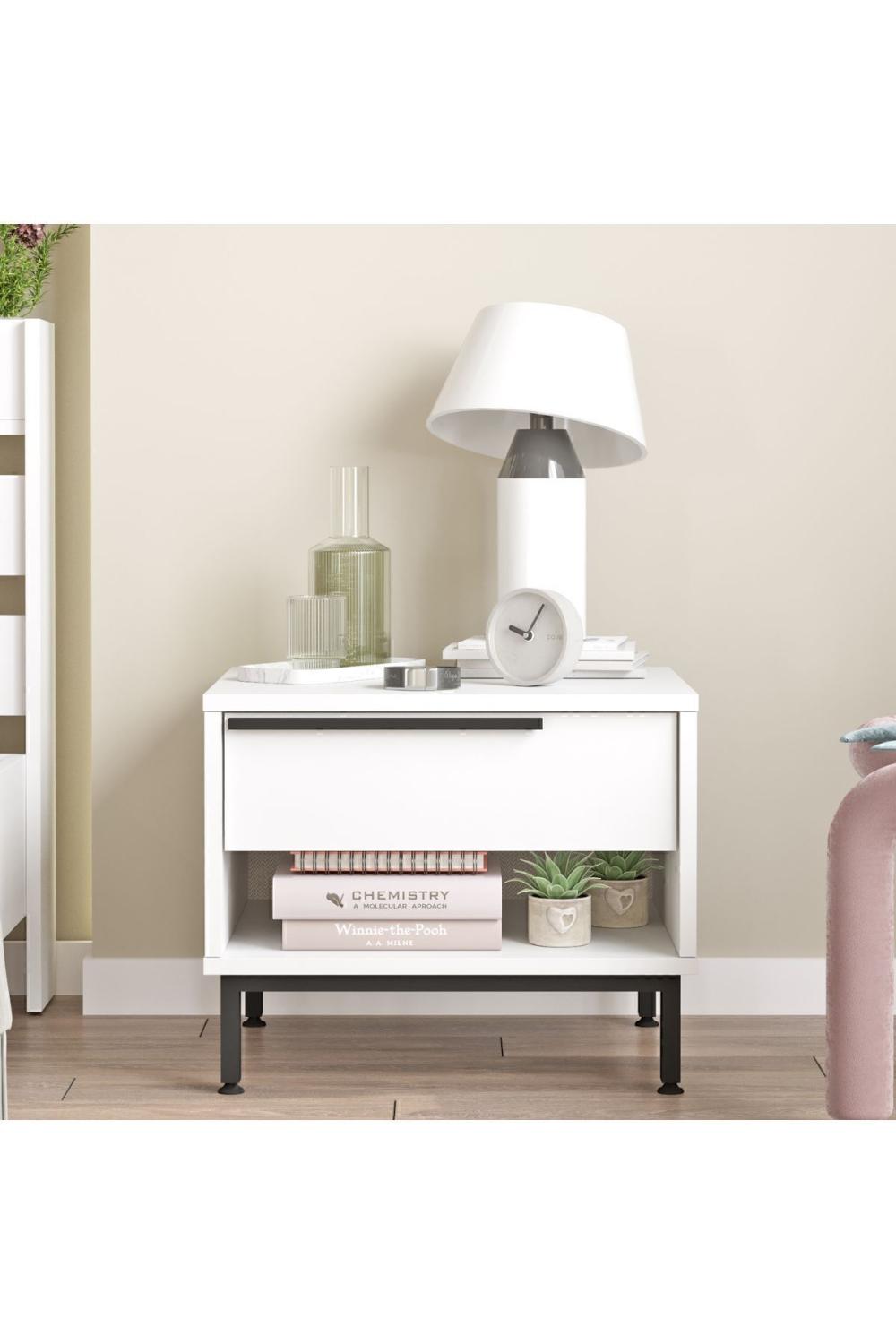 Table de Chevet Bohem avec Tiroir, Pieds Métalliques – Blanc BOH14-W