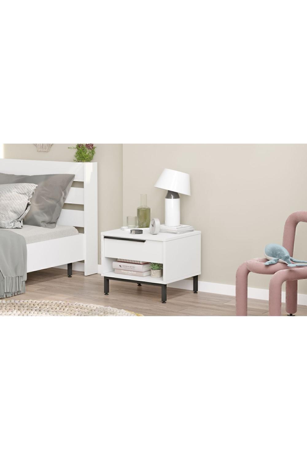 Table de Chevet Bohem avec Tiroir, Pieds Métalliques – Blanc BOH14-W