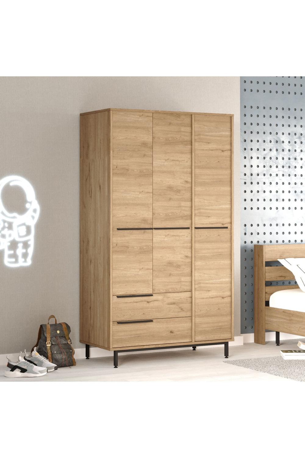 Armoire Bohem 3 Portes avec 2 Tiroirs, Pieds Métalliques – 196 cm Finition Panier (Aspect Jute) BOH15-S