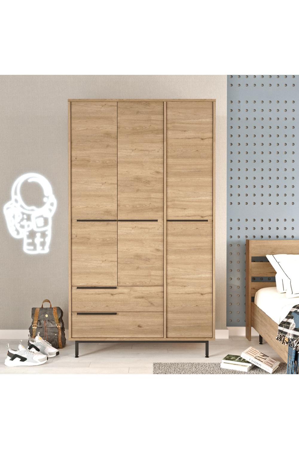 Armoire Bohem 3 Portes avec 2 Tiroirs, Pieds Métalliques – 196 cm Finition Panier (Aspect Jute) BOH15-S