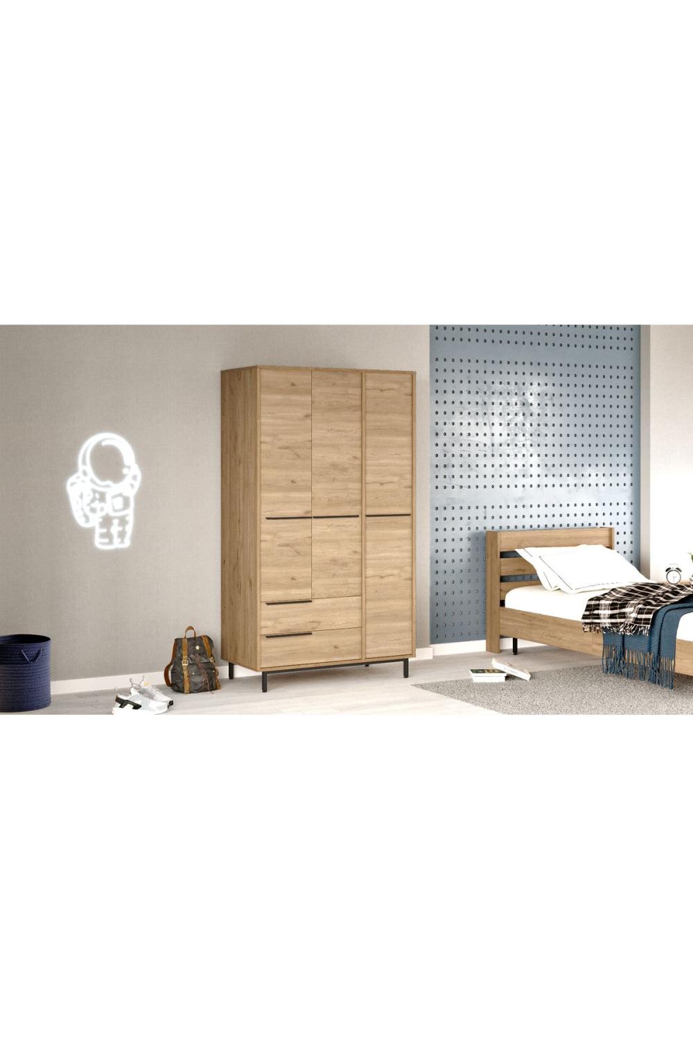 Armoire Bohem 3 Portes avec 2 Tiroirs, Pieds Métalliques – 196 cm Finition Panier (Aspect Jute) BOH15-S