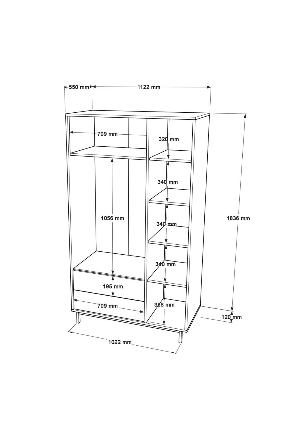 Armoire Bohem 3 Portes avec 2 Tiroirs, Pieds Métalliques – 196 cm Finition Panier (Aspect Jute) BOH15-S