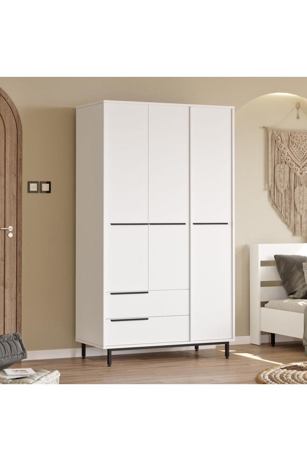 Armoire Bohem 3 Portes avec 2 Tiroirs, Pieds Métalliques – 196 cm Blanc BOH15-W