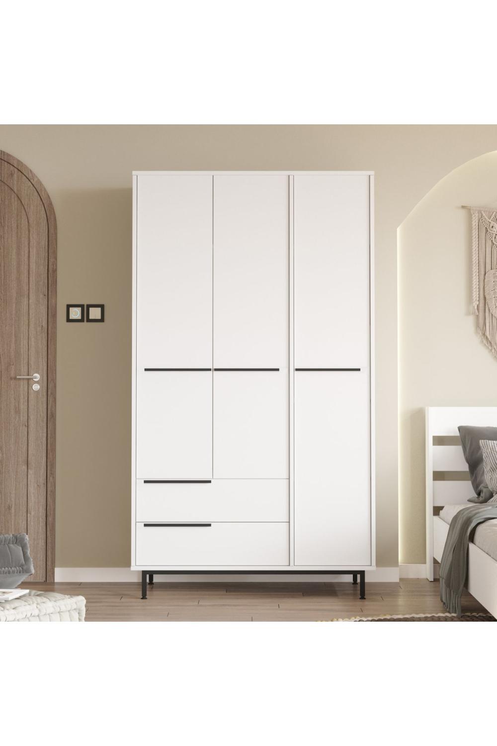 Armoire Bohem 3 Portes avec 2 Tiroirs, Pieds Métalliques – 196 cm Blanc BOH15-W