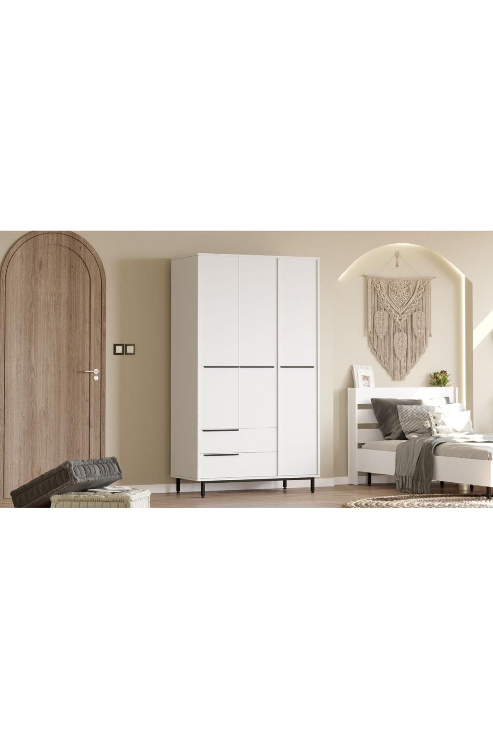 Armoire Bohem 3 Portes avec 2 Tiroirs, Pieds Métalliques – 196 cm Blanc BOH15-W