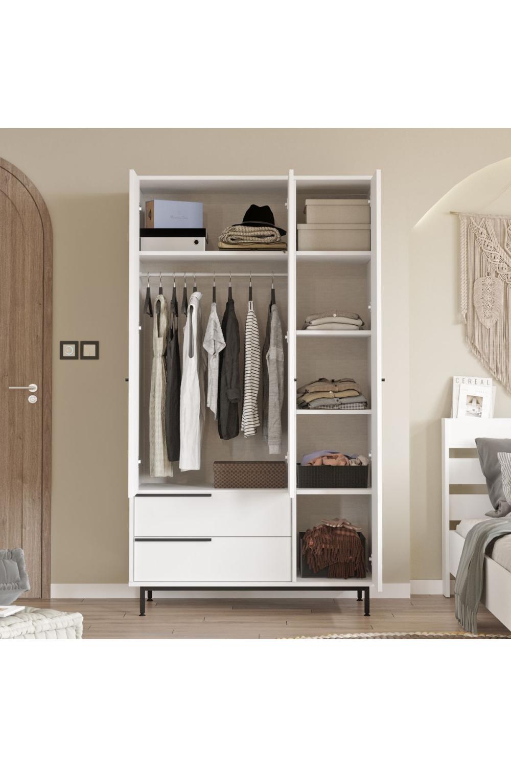 Armoire Bohem 3 Portes avec 2 Tiroirs, Pieds Métalliques – 196 cm Blanc BOH15-W