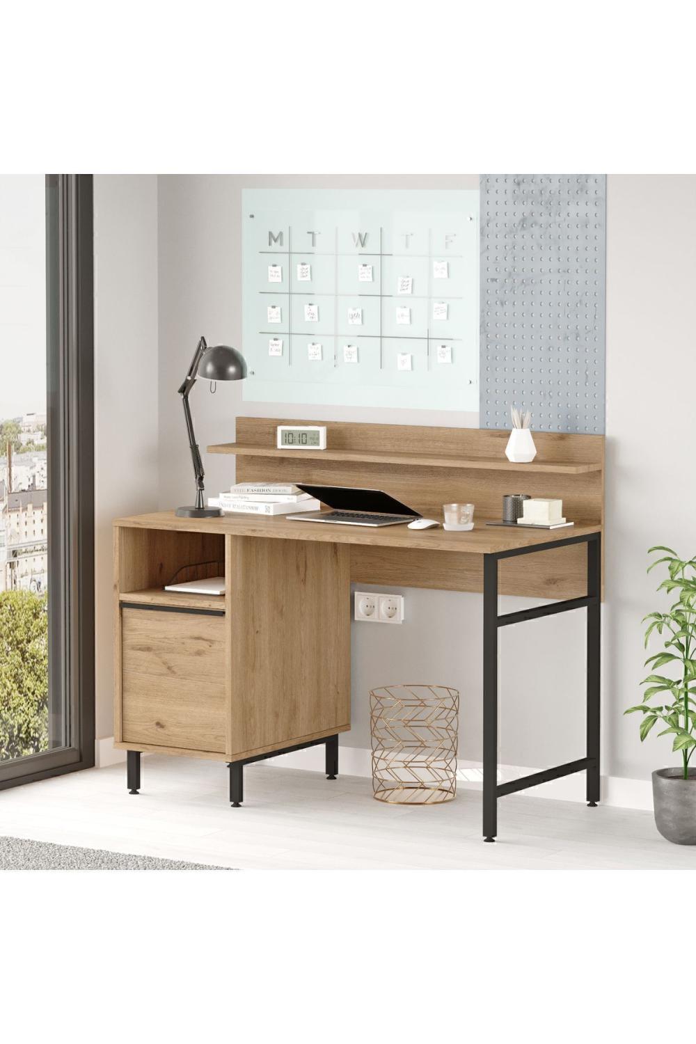 Bureau Bohem 60x120 cm avec Étagères et Armoire, Pieds Métalliques – Finition Panier (Aspect Jute) BOH16-S
