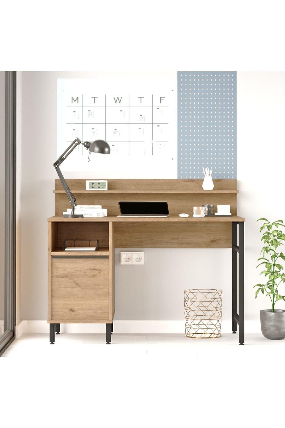 Bureau Bohem 60x120 cm avec Étagères et Armoire, Pieds Métalliques – Finition Panier (Aspect Jute) BOH16-S