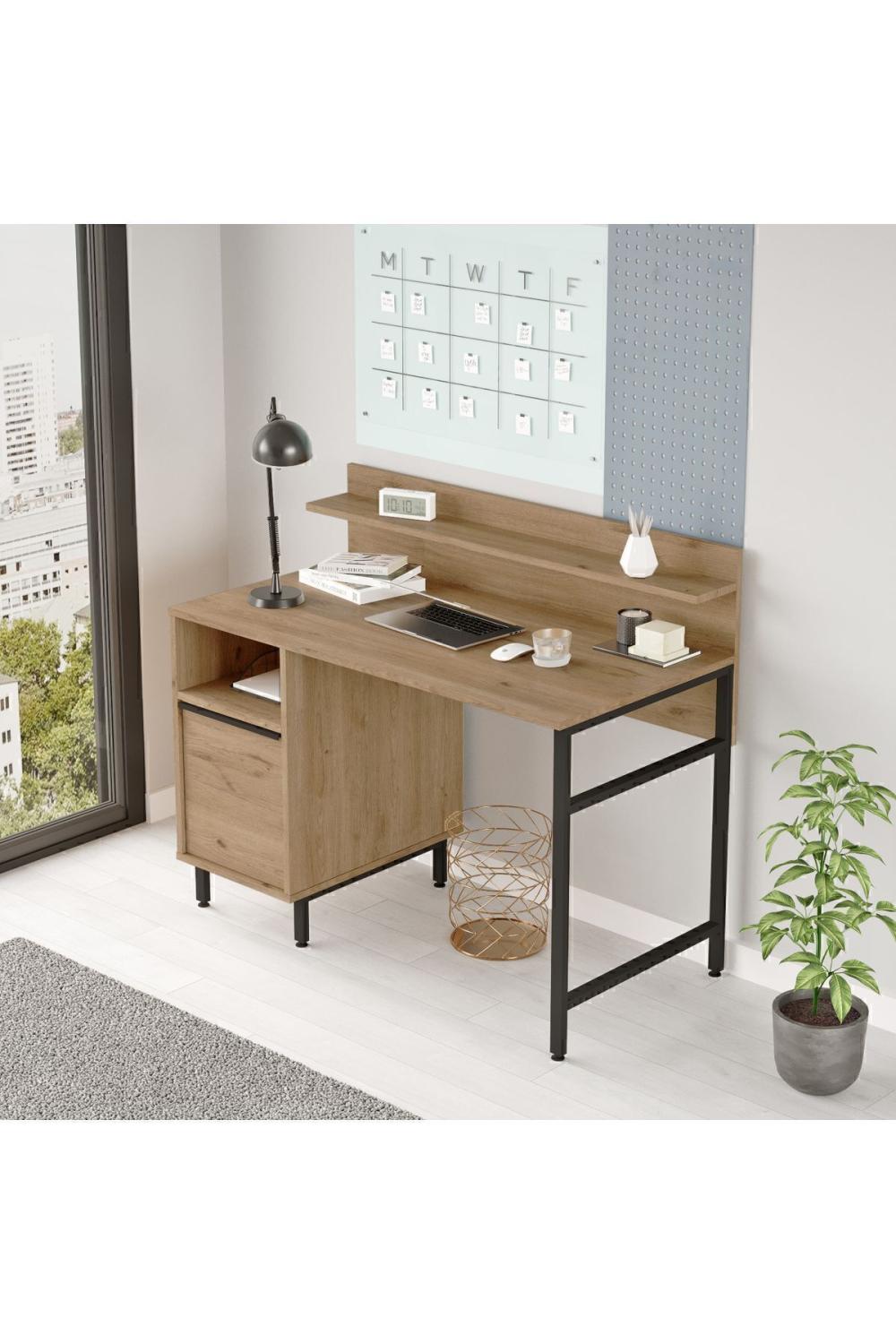 Bureau Bohem 60x120 cm avec Étagères et Armoire, Pieds Métalliques – Finition Panier (Aspect Jute) BOH16-S