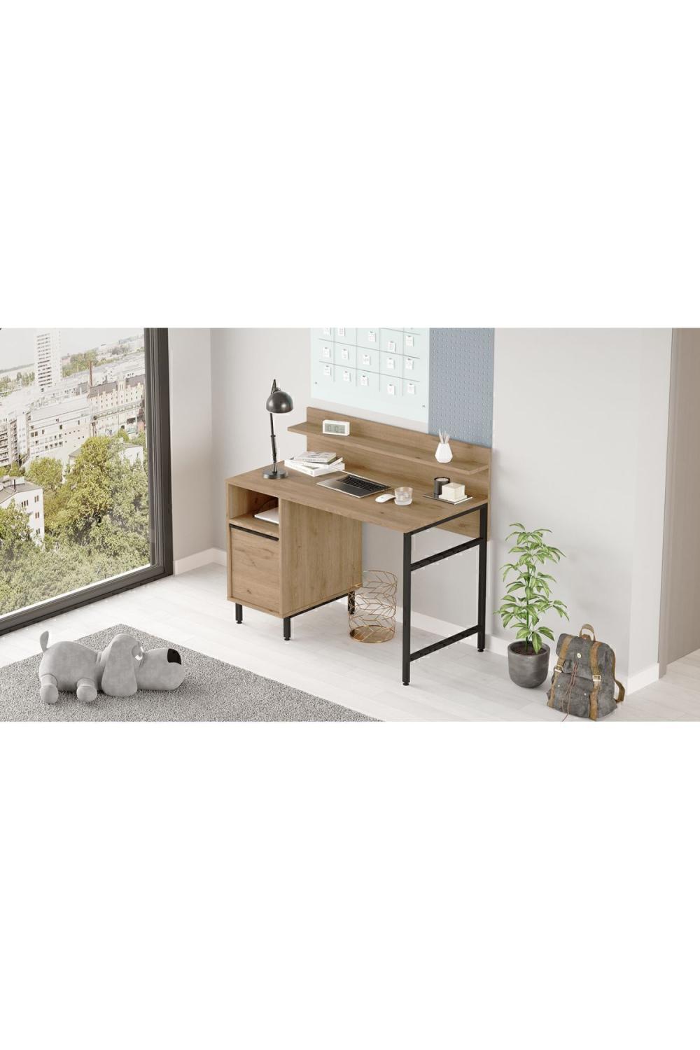 Bureau Bohem 60x120 cm avec Étagères et Armoire, Pieds Métalliques – Finition Panier (Aspect Jute) BOH16-S