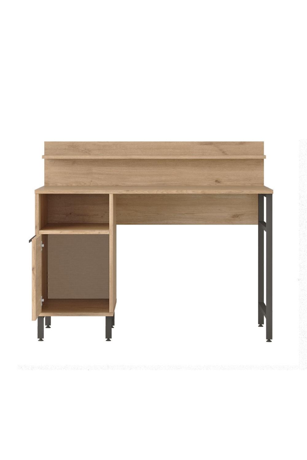 Bureau Bohem 60x120 cm avec Étagères et Armoire, Pieds Métalliques – Finition Panier (Aspect Jute) BOH16-S
