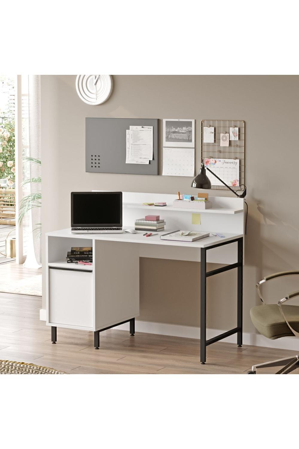 Bureau Bohem 60x120 cm avec Étagères et Armoire, Pieds Métalliques – Blanc BOH16-W