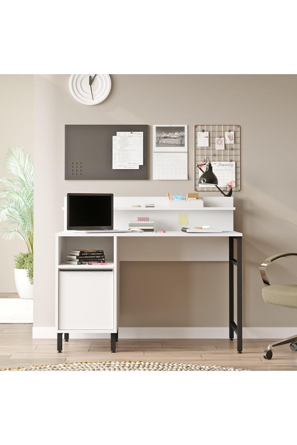 Bureau Bohem 60x120 cm avec Étagères et Armoire, Pieds Métalliques – Blanc BOH16-W
