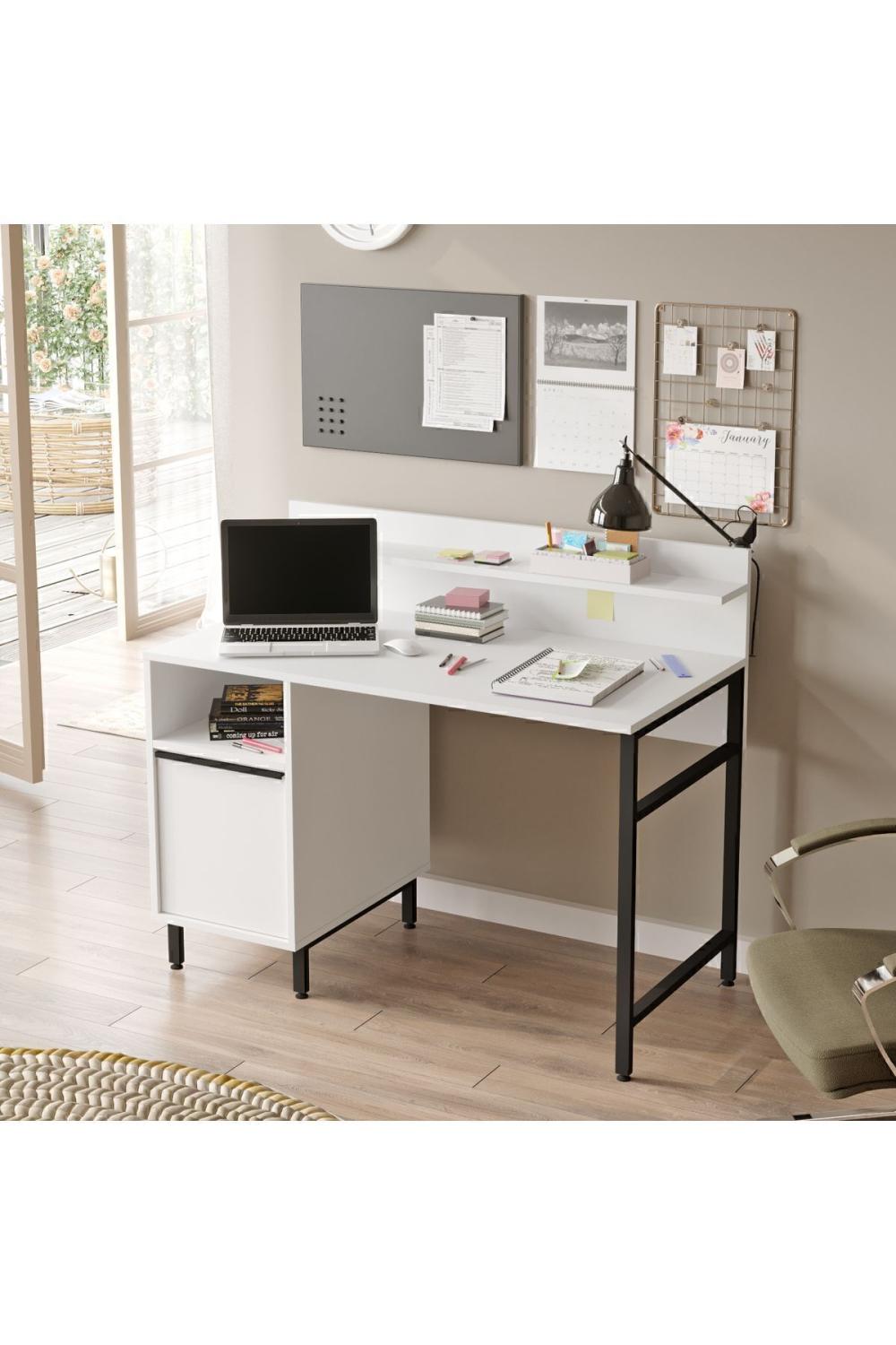 Bureau Bohem 60x120 cm avec Étagères et Armoire, Pieds Métalliques – Blanc BOH16-W
