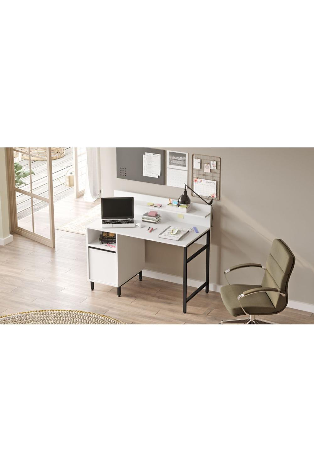 Bureau Bohem 60x120 cm avec Étagères et Armoire, Pieds Métalliques – Blanc BOH16-W