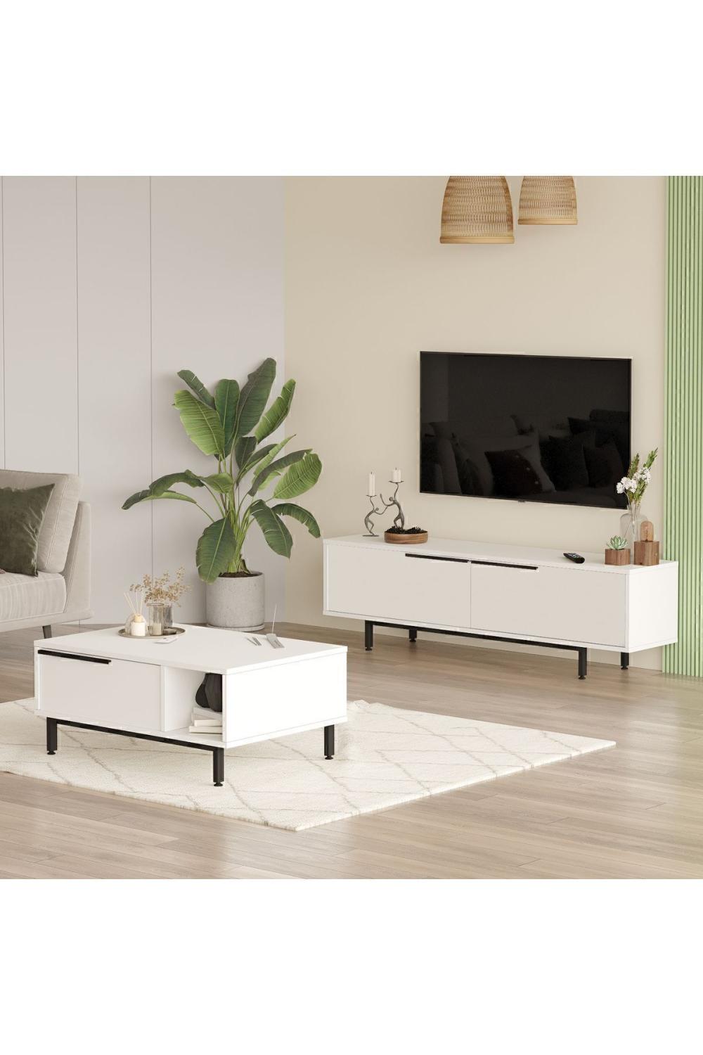 Bohème Meuble TV Table basse 2 Pieces Ensemble Blanc BOH19-W