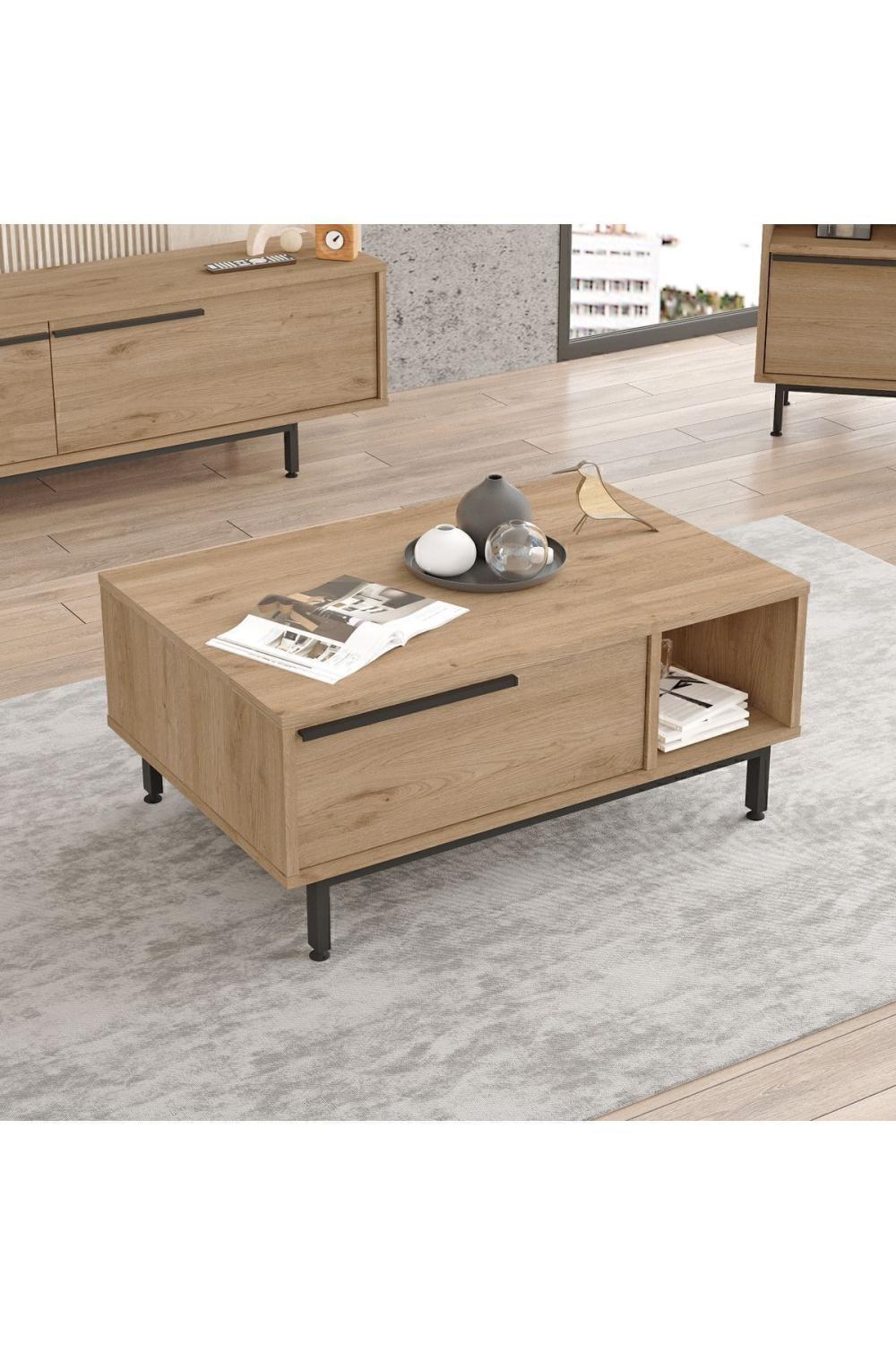 Table Basse Bohem 60×90 cm avec Porte et Pieds Métalliques – Finition Panier (Aspect Jute) BOH2-S