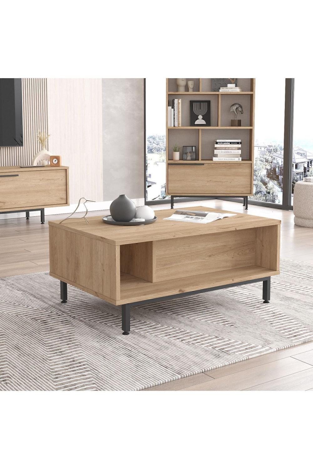 Table Basse Bohem 60×90 cm avec Porte et Pieds Métalliques – Finition Panier (Aspect Jute) BOH2-S