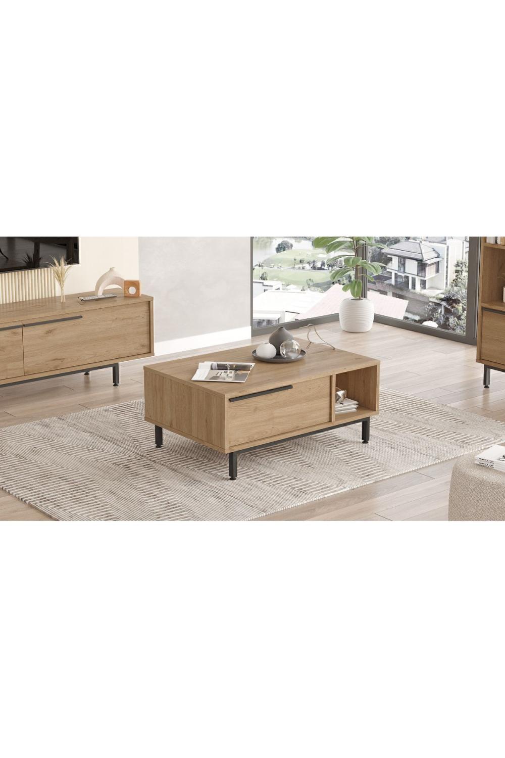 Table Basse Bohem 60×90 cm avec Porte et Pieds Métalliques – Finition Panier (Aspect Jute) BOH2-S