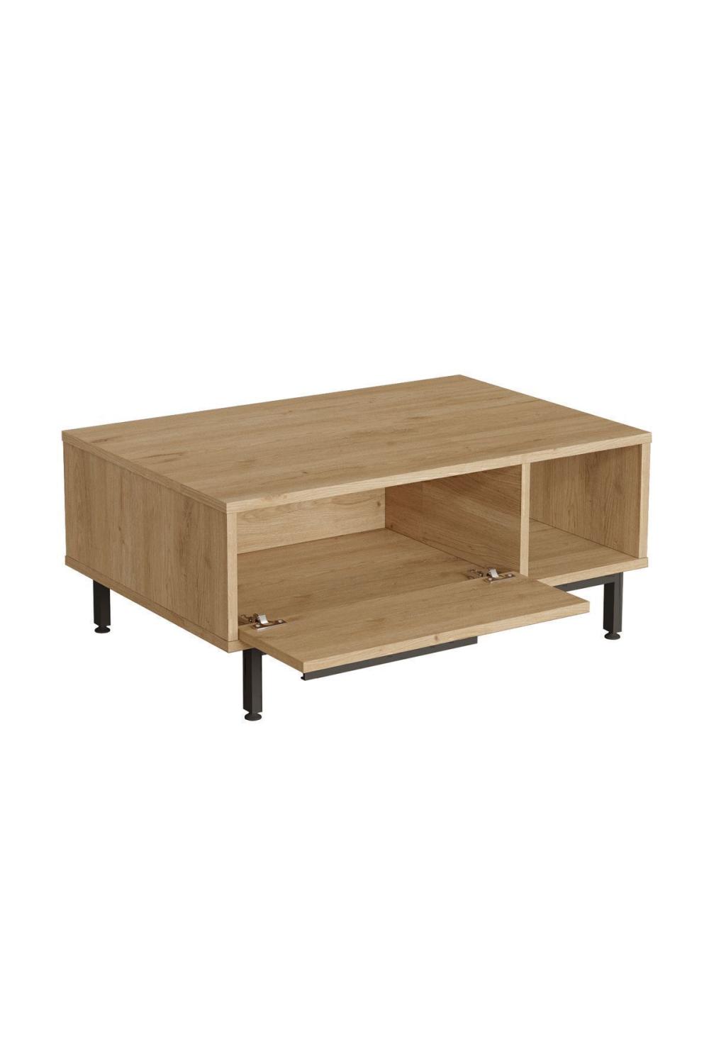 Table Basse Bohem 60×90 cm avec Porte et Pieds Métalliques – Finition Panier (Aspect Jute) BOH2-S
