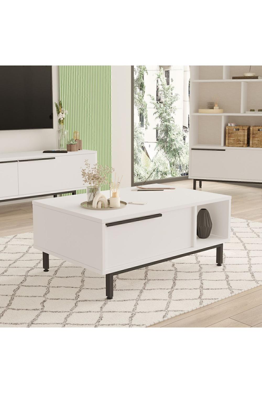 Table Basse Bohem 60×90 cm avec Porte et Pieds Métalliques – Blanc BOH2-W