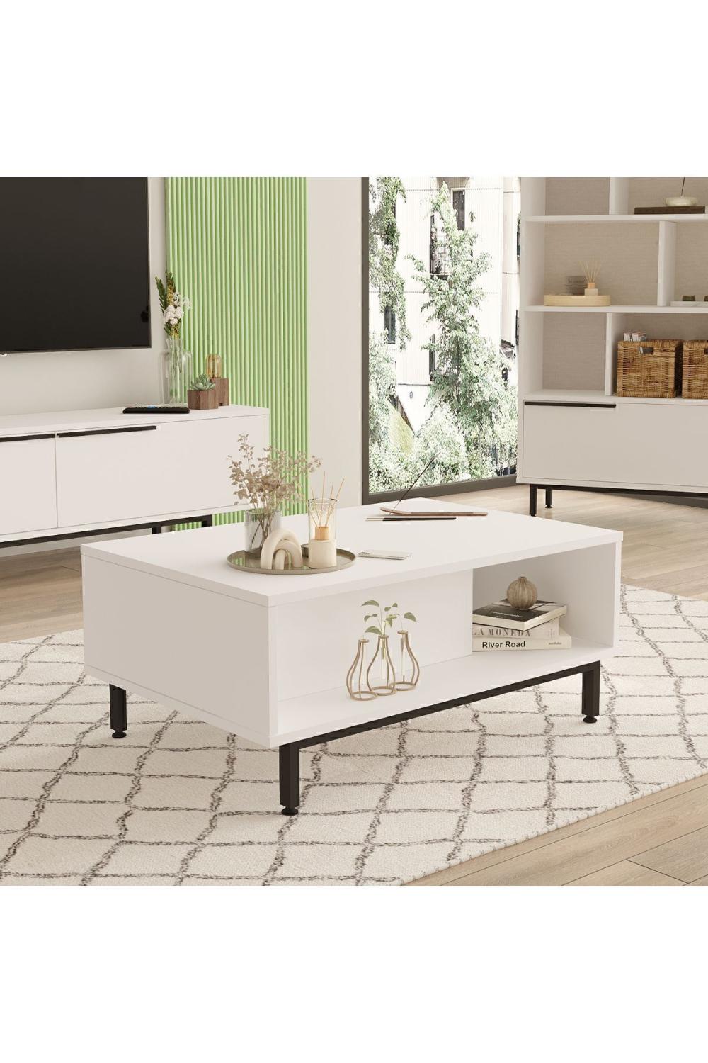 Table Basse Bohem 60×90 cm avec Porte et Pieds Métalliques – Blanc BOH2-W