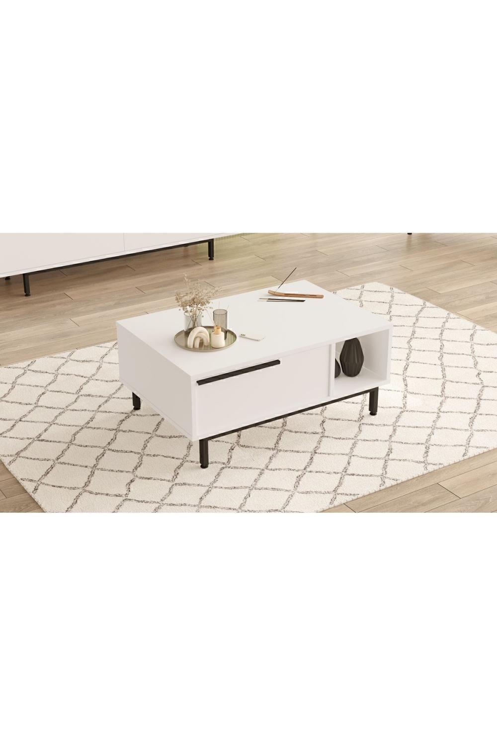 Table Basse Bohem 60×90 cm avec Porte et Pieds Métalliques – Blanc BOH2-W