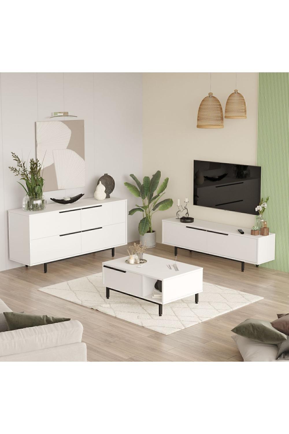 Bohème Meuble TV Table basse Konsol 3'Lü Ensemble Blanc BOH20-W